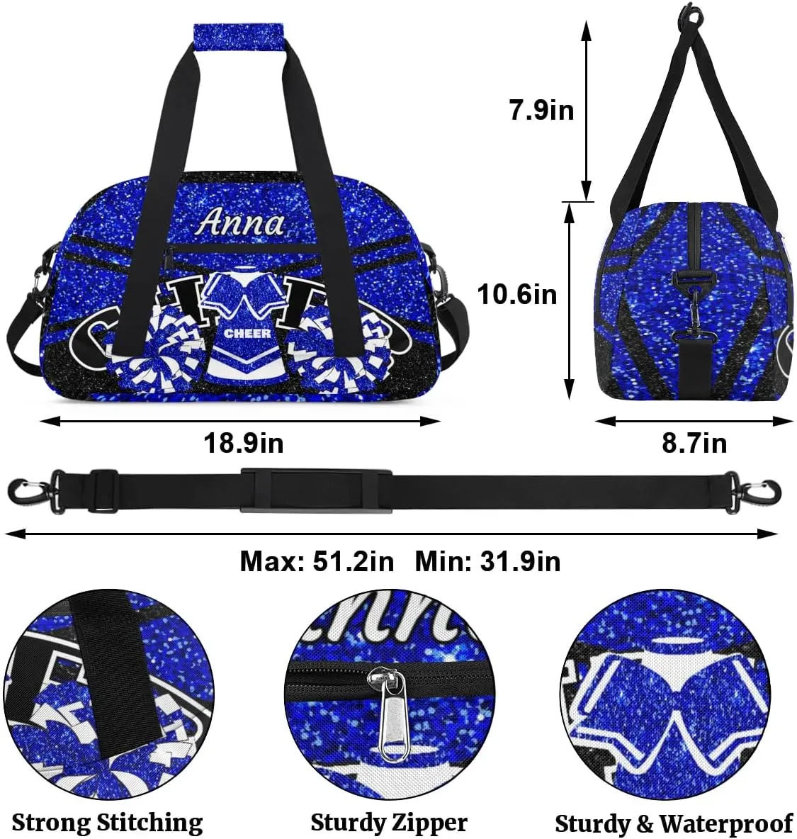 Custom Cheer Sport Gym Bags, Personalized Name Overnight Duffel Bags for Boys Girls Weekender Bag Dance Travel Tote Bags, Glitter Blue
