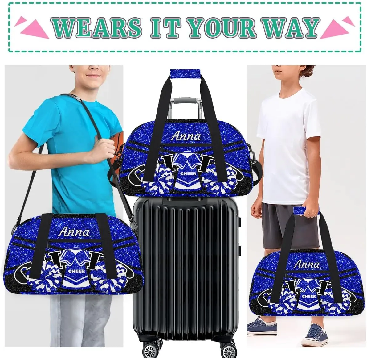 Custom Cheer Sport Gym Bags, Personalized Name Overnight Duffel Bags for Boys Girls Weekender Bag Dance Travel Tote Bags, Glitter Blue