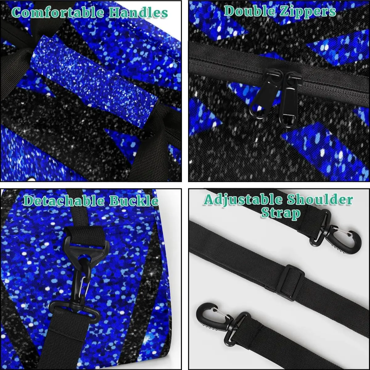 Custom Cheer Sport Gym Bags, Personalized Name Overnight Duffel Bags for Boys Girls Weekender Bag Dance Travel Tote Bags, Glitter Blue