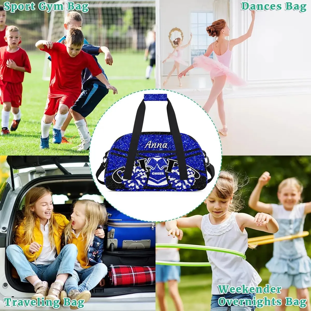 Custom Cheer Sport Gym Bags, Personalized Name Overnight Duffel Bags for Boys Girls Weekender Bag Dance Travel Tote Bags, Glitter Blue