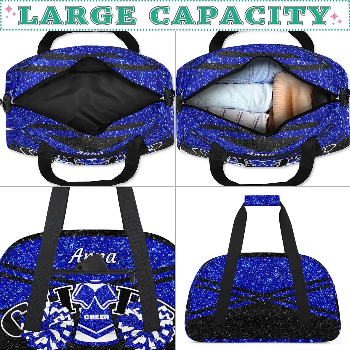 Custom Cheer Sport Gym Bags, Personalized Name Overnight Duffel Bags for Boys Girls Weekender Bag Dance Travel Tote Bags, Glitter Blue