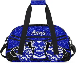 Custom Cheer Sport Gym Bags, Personalized Name Overnight Duffel Bags for Boys Girls Weekender Bag Dance Travel Tote Bags, Glitter Blue