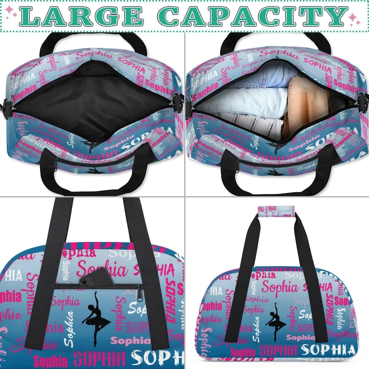 Custom Dance Bag Gym Bag for Women, Personalized Sport Duffel Bag Weekender Bags Travel Duffel Bag Blue Gradient Ballet Bags