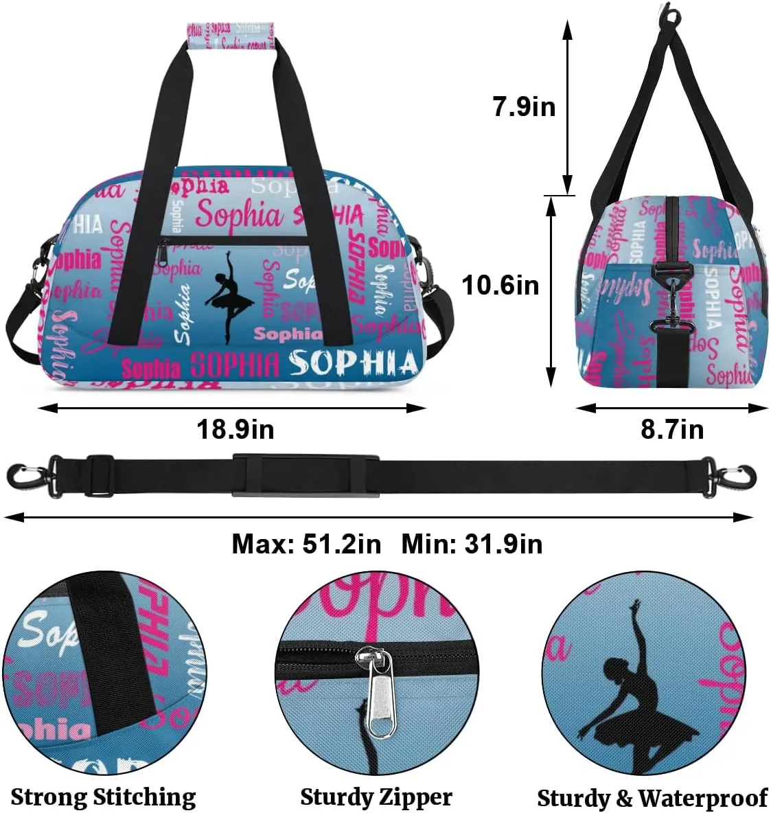 Custom Dance Bag Gym Bag for Women, Personalized Sport Duffel Bag Weekender Bags Travel Duffel Bag Blue Gradient Ballet Bags