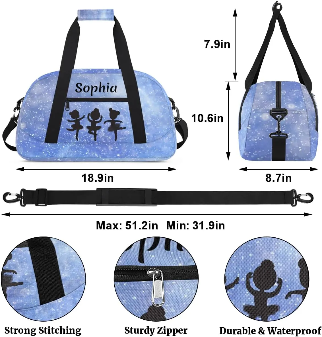Custom Dance Bag Sport Duffel Bag for Girls, Personalized Kids Gym Bag, Overnight Weekender Bags, Travel Duffle Bag for Girls, Glitter Cornflower Blue