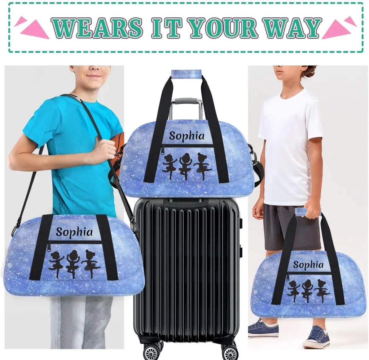 Custom Dance Bag Sport Duffel Bag for Girls, Personalized Kids Gym Bag, Overnight Weekender Bags, Travel Duffle Bag for Girls, Glitter Cornflower Blue