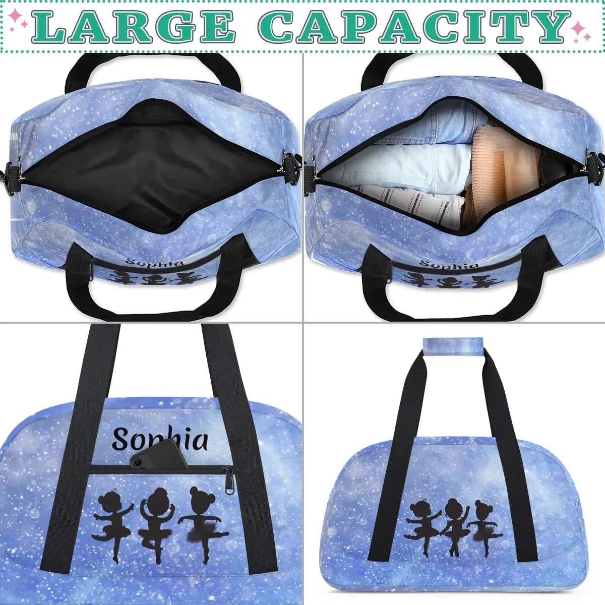 Custom Dance Bag Sport Duffel Bag for Girls, Personalized Kids Gym Bag, Overnight Weekender Bags, Travel Duffle Bag for Girls, Glitter Cornflower Blue