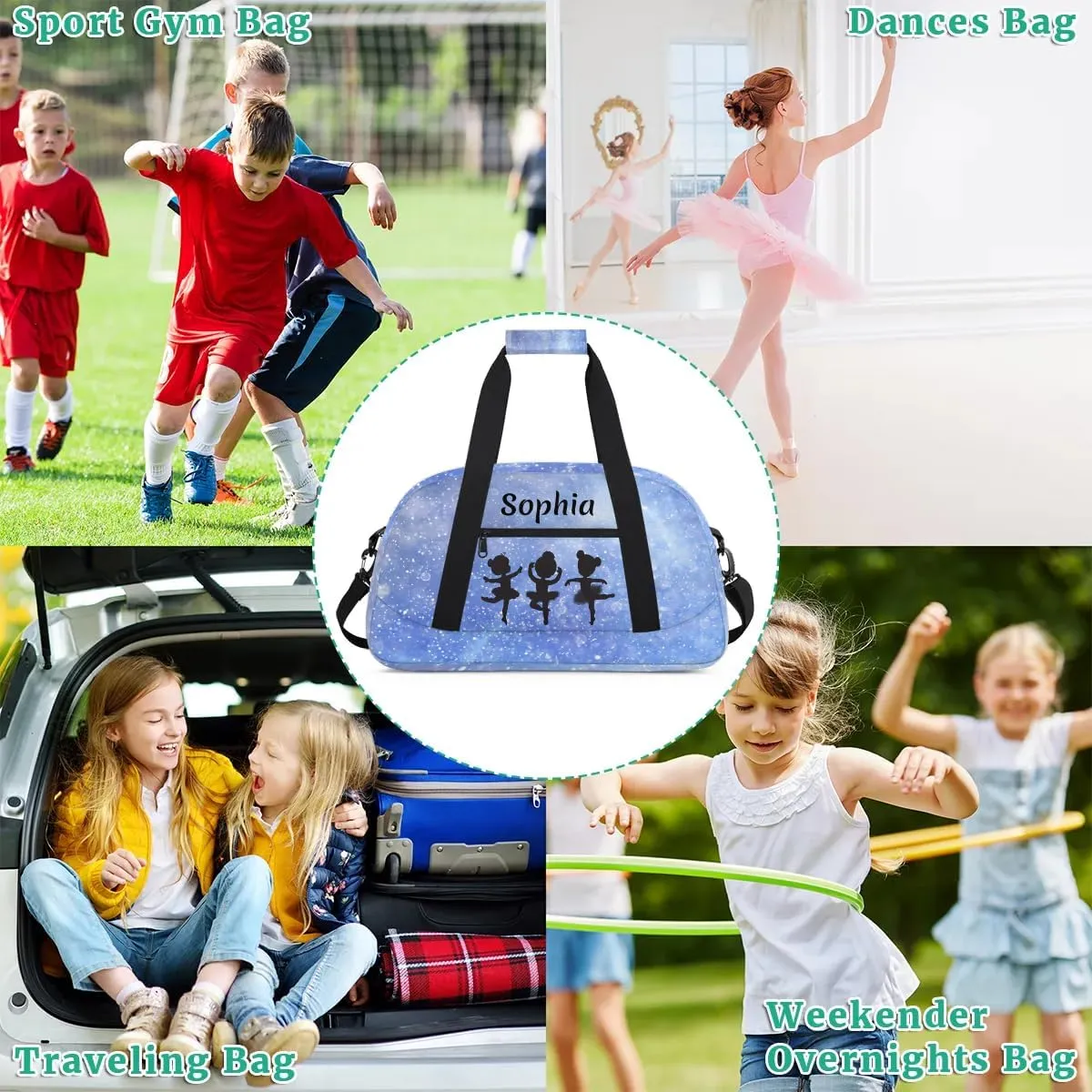 Custom Dance Bag Sport Duffel Bag for Girls, Personalized Kids Gym Bag, Overnight Weekender Bags, Travel Duffle Bag for Girls, Glitter Cornflower Blue