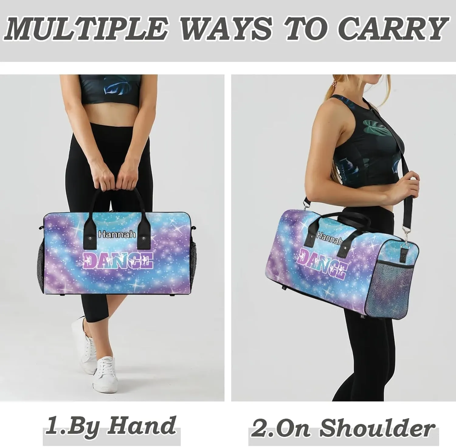 Custom Dance Duffel Bag with Name Personalized Dance Ballet Bags Waterproof Customized Travel Bag Carry-On Tote 17.4in, Cosmos Blue