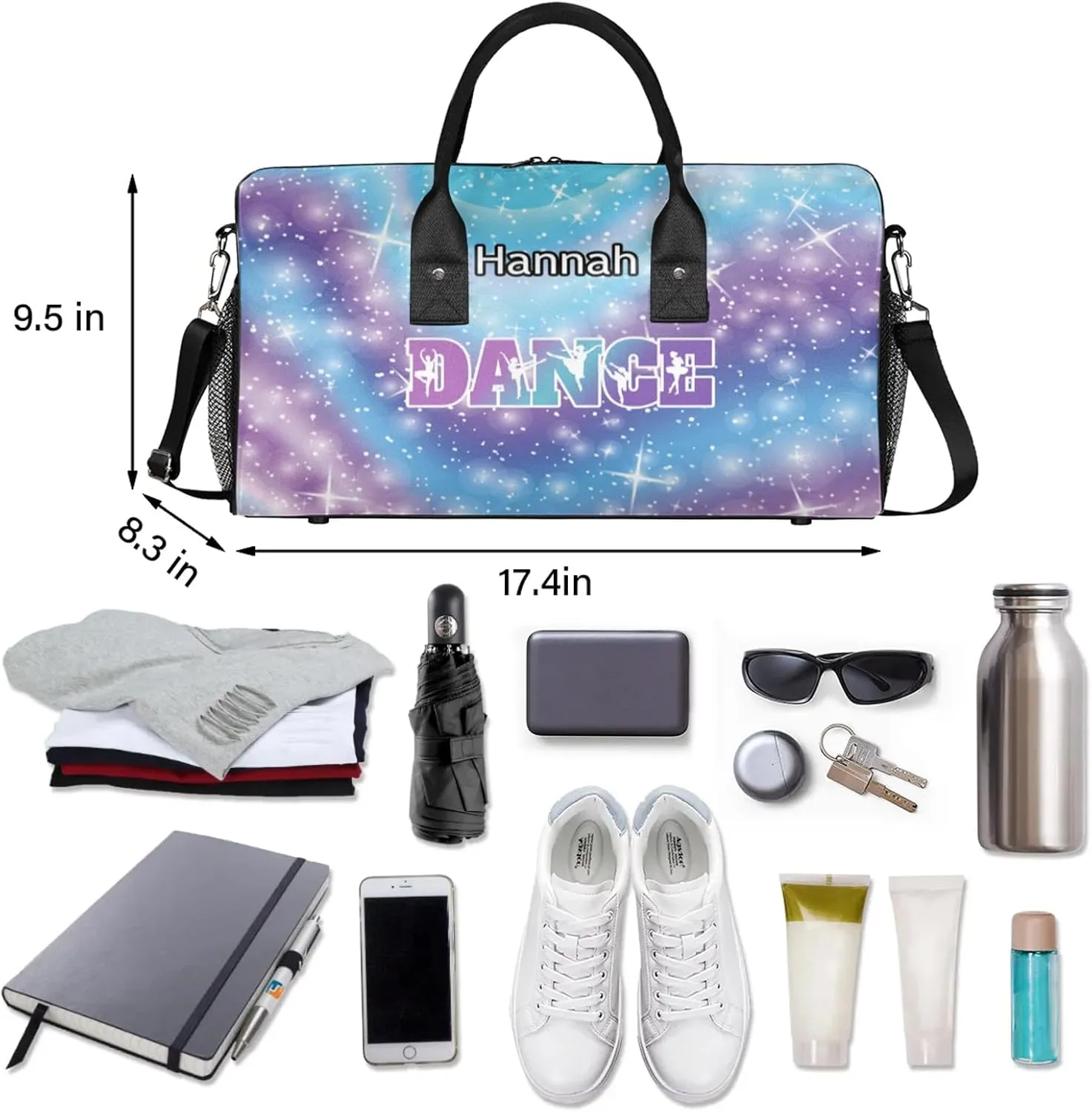 Custom Dance Duffel Bag with Name Personalized Dance Ballet Bags Waterproof Customized Travel Bag Carry-On Tote 17.4in, Cosmos Blue