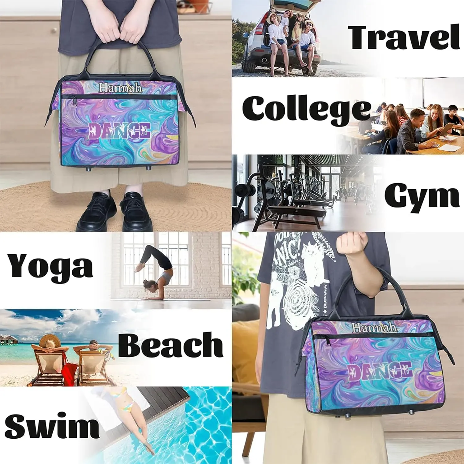 Custom Dance Duffel Bag with Name Personalized Sport Gym Bags Waterproof Customized Travel Duffel Bags Overnight Weekender Carry-On Tote 15.2in, Blue Purple Oil Painting