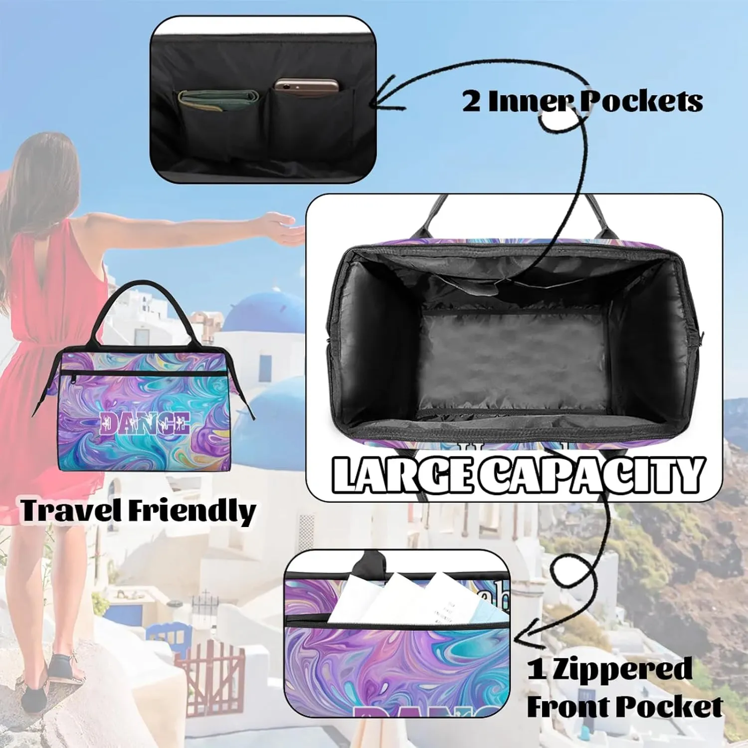 Custom Dance Duffel Bag with Name Personalized Sport Gym Bags Waterproof Customized Travel Duffel Bags Overnight Weekender Carry-On Tote 15.2in, Blue Purple Oil Painting