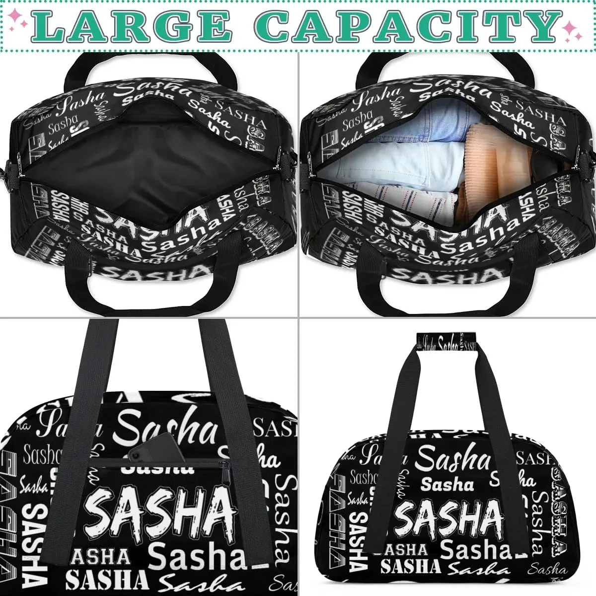 Custom Dance Gym Bags for Women, Personalized Name Sport Duffel Bag Weekender Bags Travel Duffel Bag Black Gifts