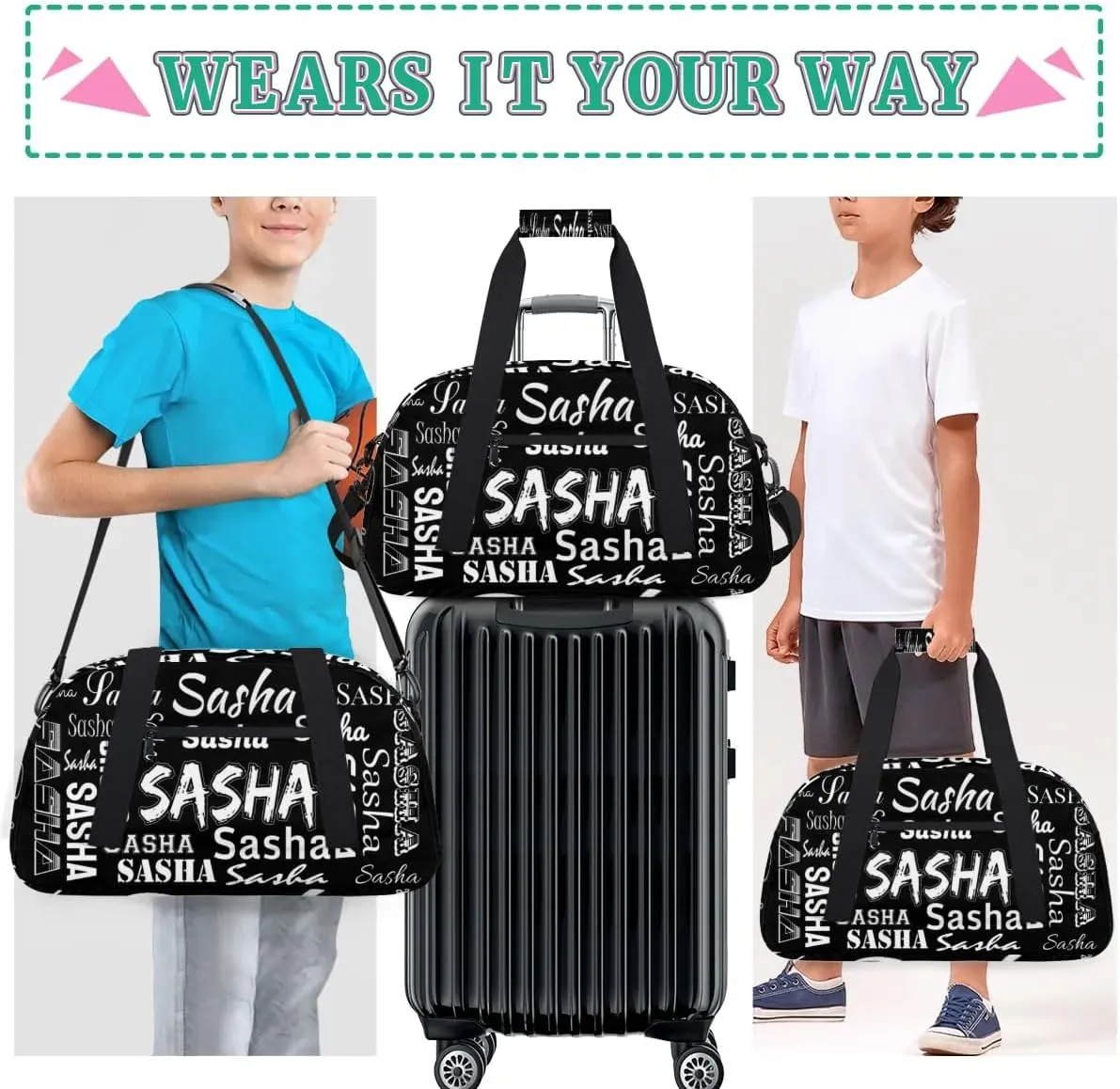 Custom Dance Gym Bags for Women, Personalized Name Sport Duffel Bag Weekender Bags Travel Duffel Bag Black Gifts