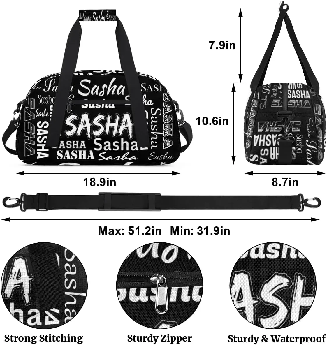 Custom Dance Gym Bags for Women, Personalized Name Sport Duffel Bag Weekender Bags Travel Duffel Bag Black Gifts