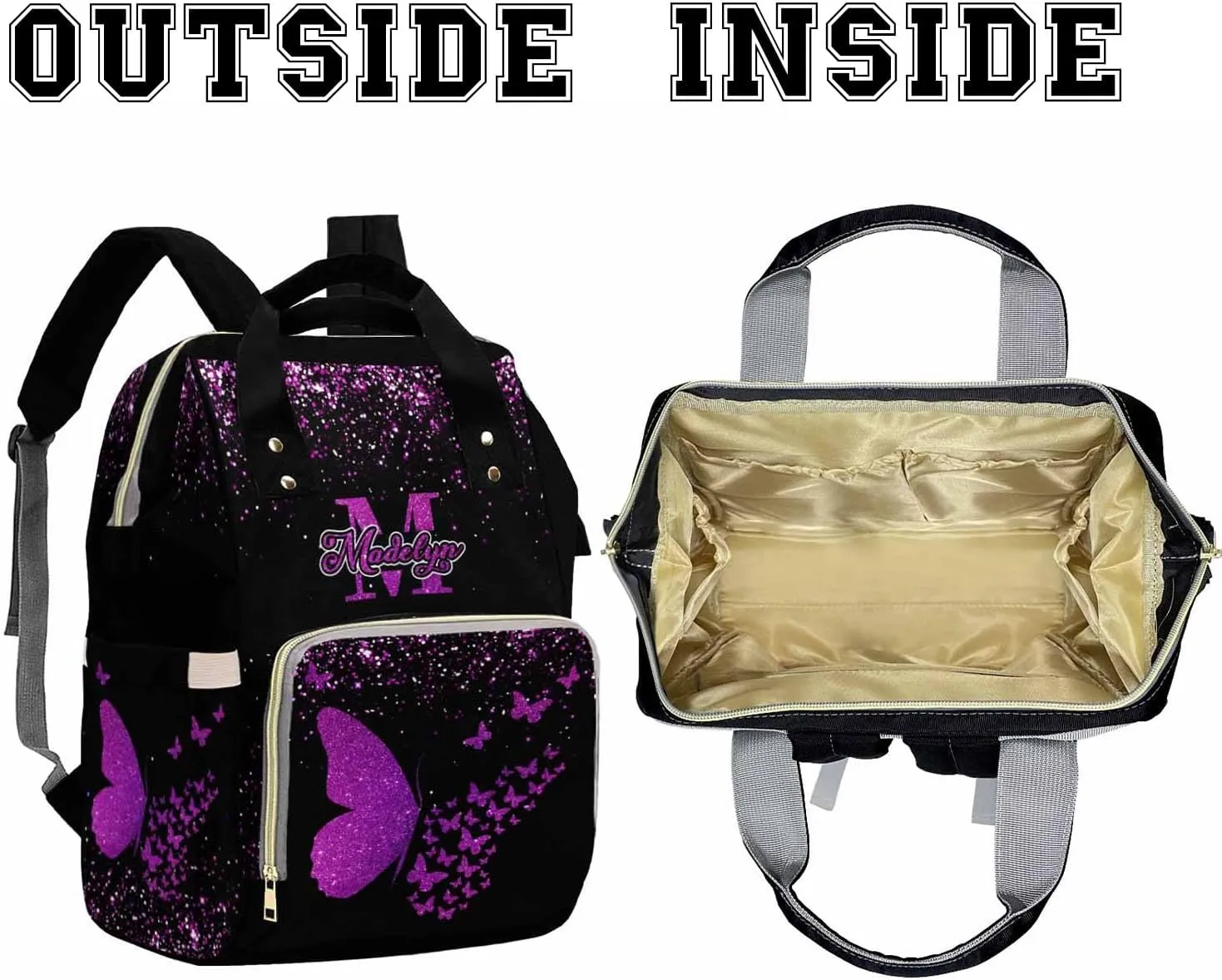 Custom Diaper Bag Backpack Colorful Butterfly Monogrammed Fashion Handbag with Name Multifunctional Personalized Name Nursing Bag for New Mom Dad Baby Shower New Year