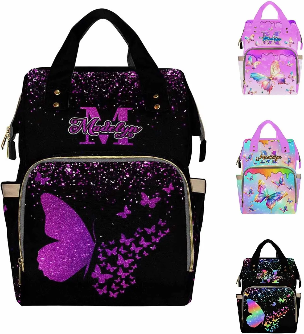 Custom Diaper Bag Backpack Colorful Butterfly Monogrammed Fashion Handbag with Name Multifunctional Personalized Name Nursing Bag for New Mom Dad Baby Shower New Year