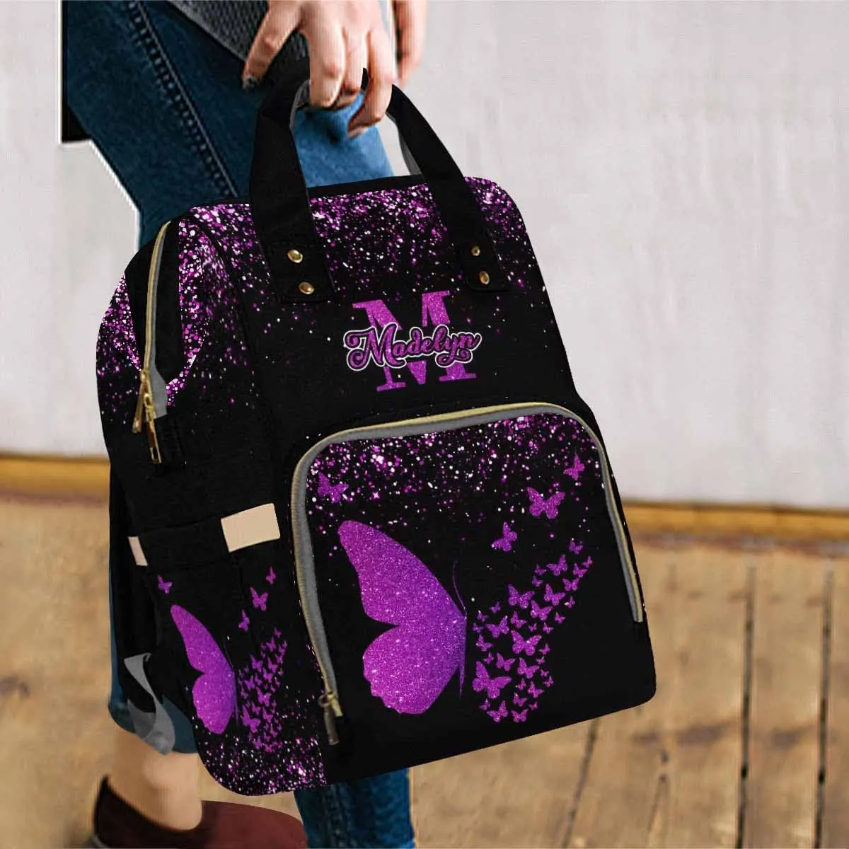 Custom Diaper Bag Backpack Colorful Butterfly Monogrammed Fashion Handbag with Name Multifunctional Personalized Name Nursing Bag for New Mom Dad Baby Shower New Year