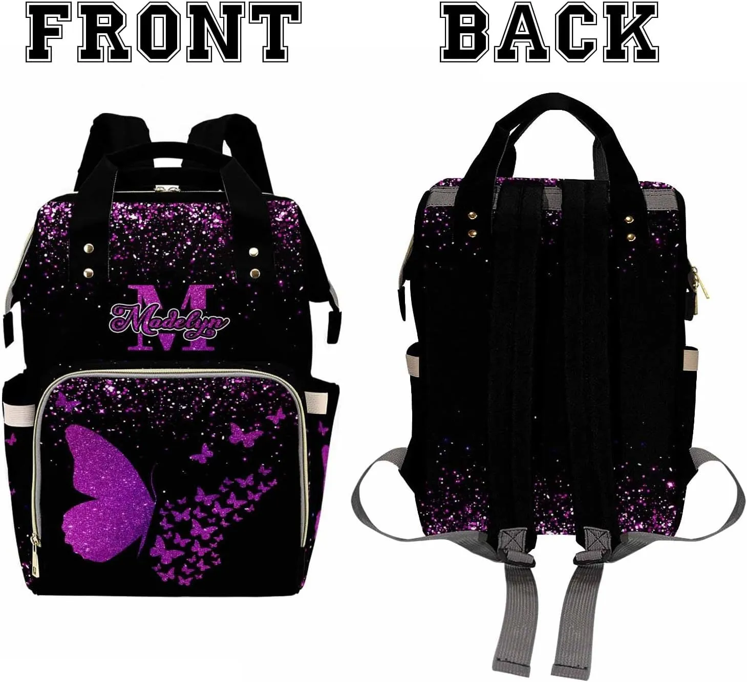 Custom Diaper Bag Backpack Colorful Butterfly Monogrammed Fashion Handbag with Name Multifunctional Personalized Name Nursing Bag for New Mom Dad Baby Shower New Year