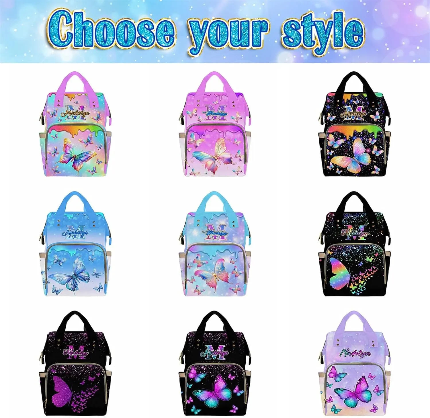 Custom Diaper Bag Backpack Colorful Butterfly Monogrammed Fashion Handbag with Name Multifunctional Personalized Name Nursing Bag for New Mom Dad Baby Shower New Year