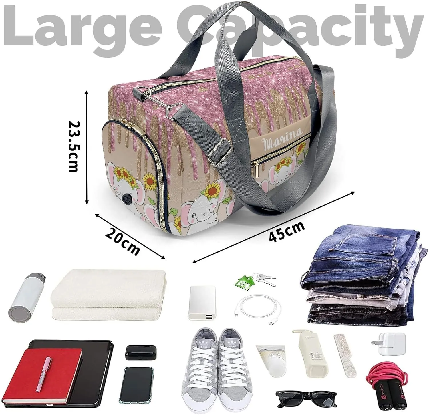 Custom Duffel Bag Dripping Gold Rose Glitter Elephant Sunflower Adventure Awaits: Best Travel Bags for Hiking and Sports