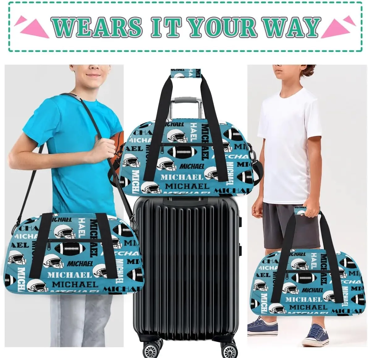 Custom Football Gym Bag Duffel Bag for Women Men, Personalized Sport Bag Overnight Bags Custom Name Travel Weekender Bag, Dark Blue