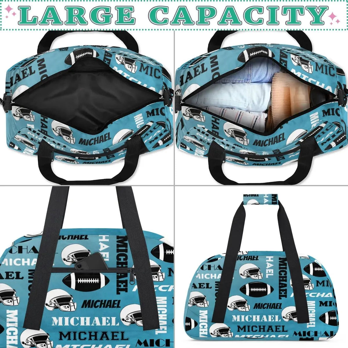 Custom Football Gym Bag Duffel Bag for Women Men, Personalized Sport Bag Overnight Bags Custom Name Travel Weekender Bag, Dark Blue