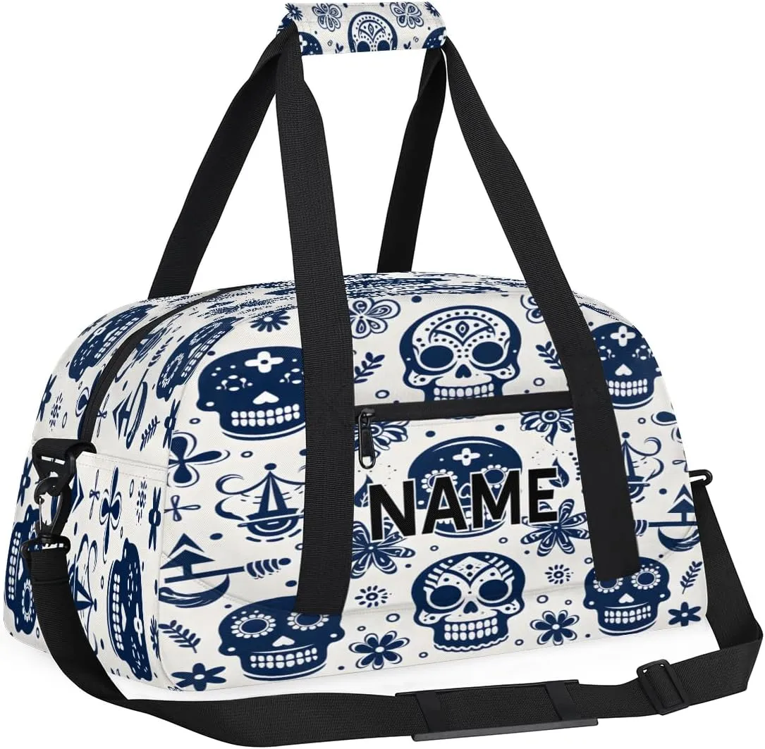 Custom Gothic Sugar Skull Small Gym Bag 18 inch for Women Men Personalized Spooky Skeleton Goth Carry On Overnight Weekender Bag for Travel Work Dance Sport