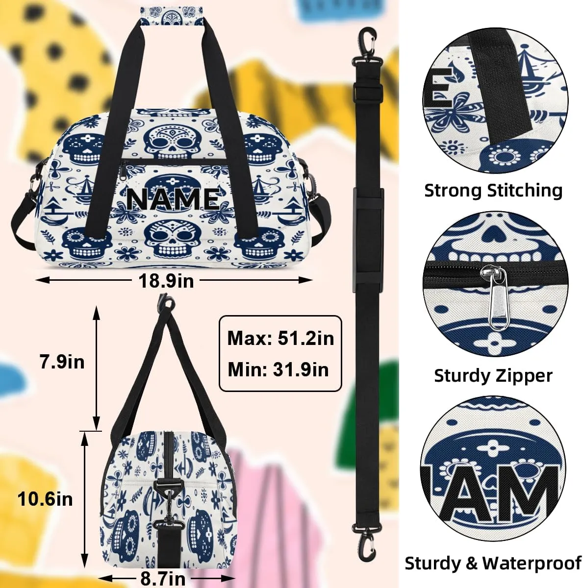 Custom Gothic Sugar Skull Small Gym Bag 18 inch for Women Men Personalized Spooky Skeleton Goth Carry On Overnight Weekender Bag for Travel Work Dance Sport