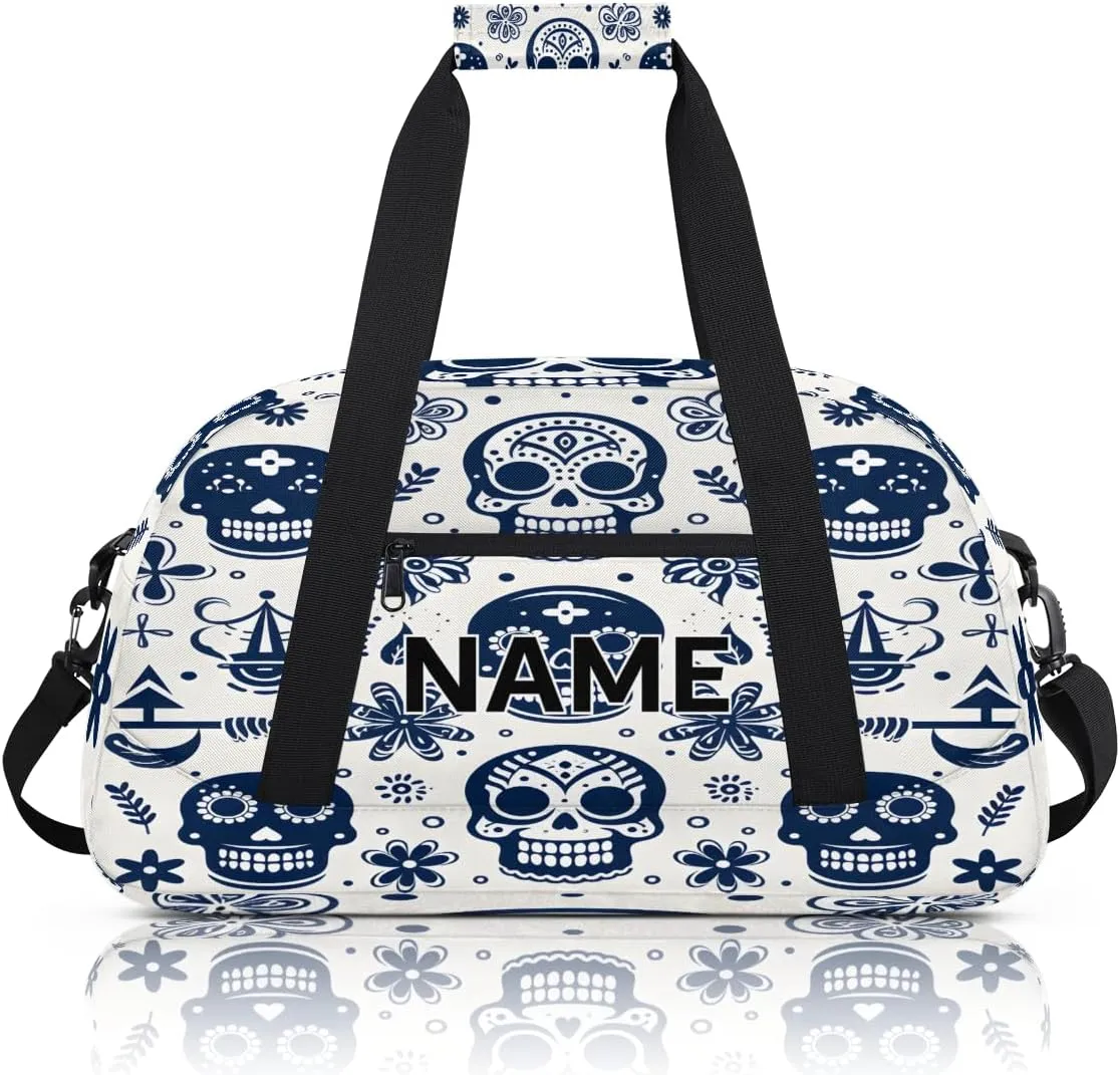 Custom Gothic Sugar Skull Small Gym Bag 18 inch for Women Men Personalized Spooky Skeleton Goth Carry On Overnight Weekender Bag for Travel Work Dance Sport