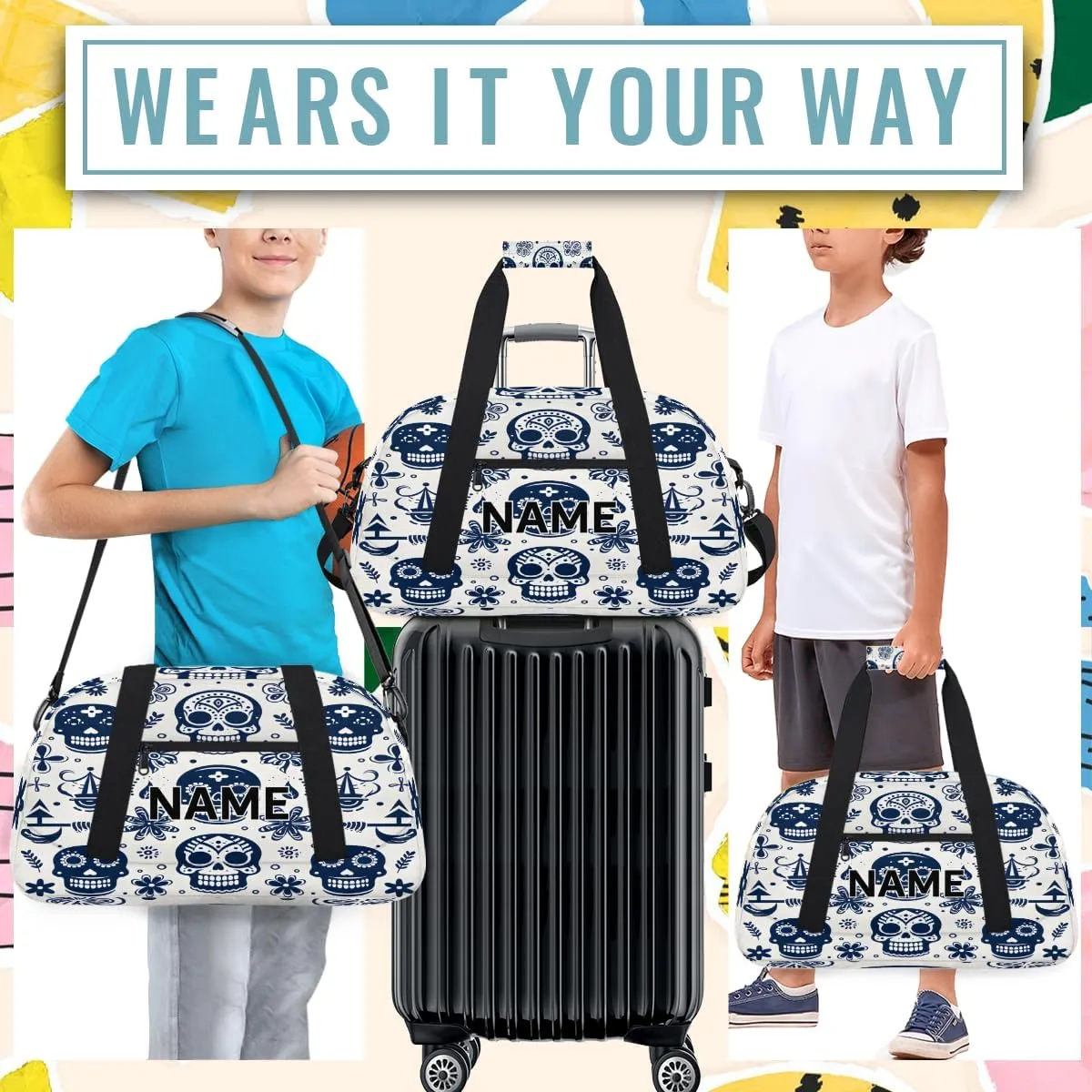 Custom Gothic Sugar Skull Small Gym Bag 18 inch for Women Men Personalized Spooky Skeleton Goth Carry On Overnight Weekender Bag for Travel Work Dance Sport