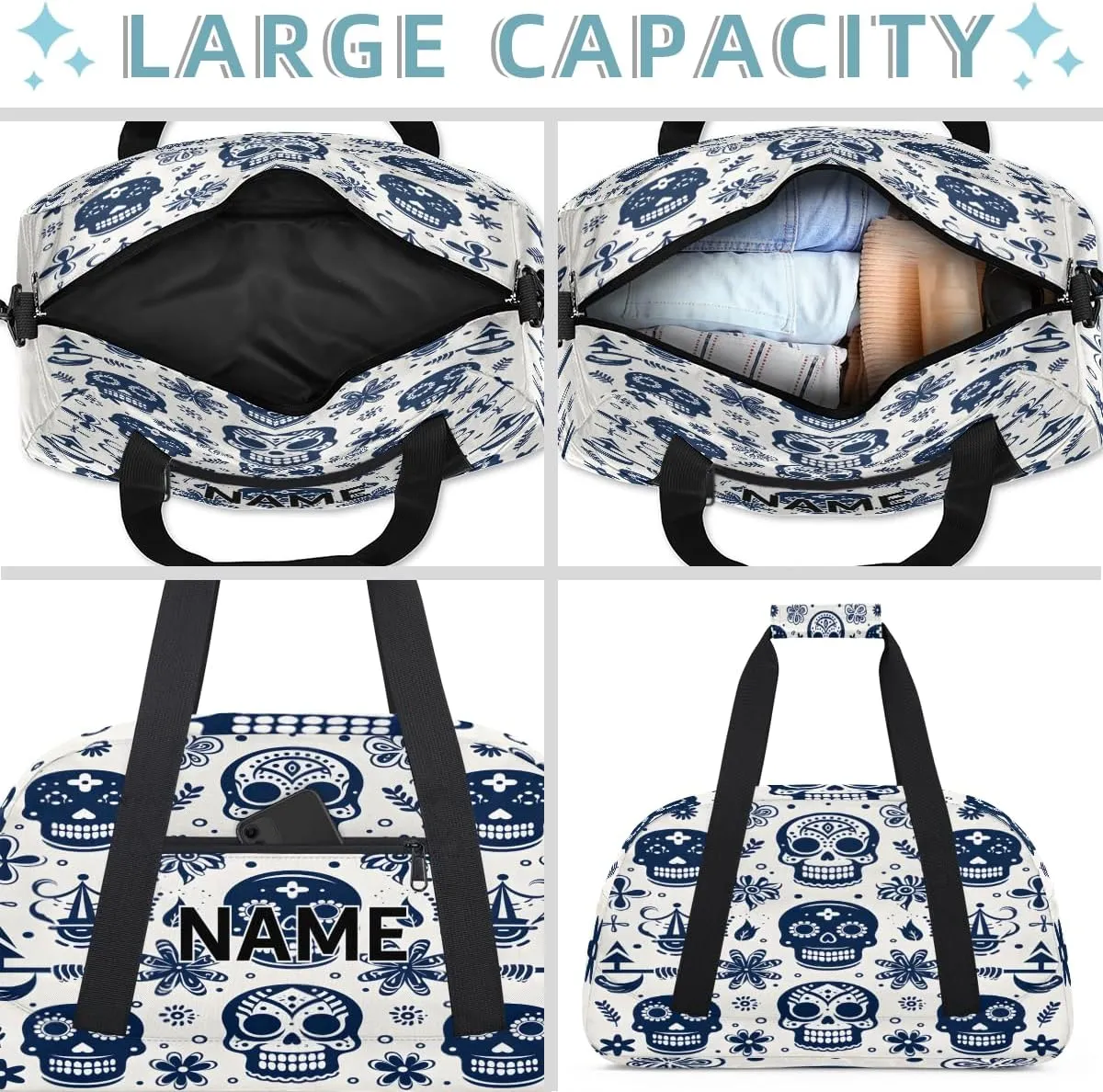Custom Gothic Sugar Skull Small Gym Bag 18 inch for Women Men Personalized Spooky Skeleton Goth Carry On Overnight Weekender Bag for Travel Work Dance Sport