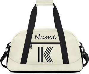 Custom Gym Bag for Women Men, Personalized Initial Duffel Bag with Name, Small Sports Gym Bag Travel Duffle Bag Weekender Carry On Overnight Bags Beige