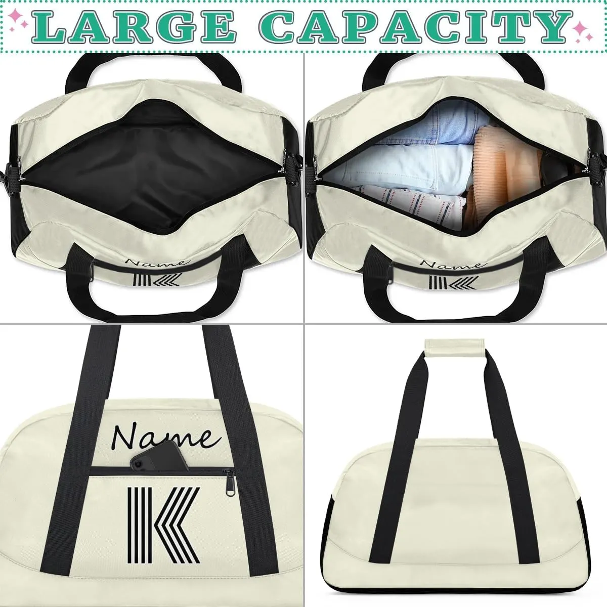 Custom Gym Bag for Women Men, Personalized Initial Duffel Bag with Name, Small Sports Gym Bag Travel Duffle Bag Weekender Carry On Overnight Bags Beige