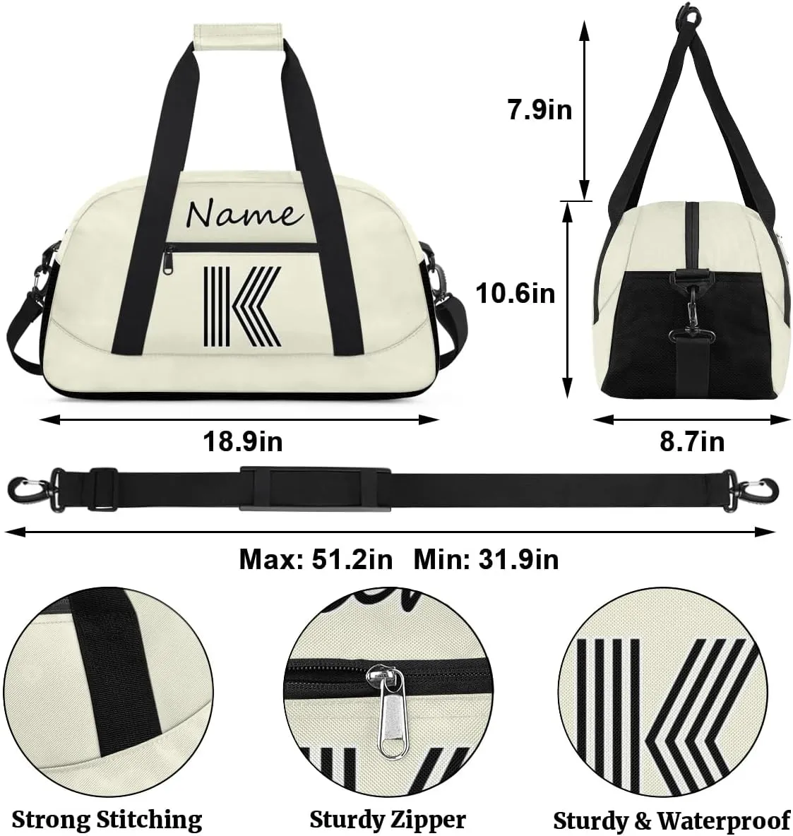 Custom Gym Bag for Women Men, Personalized Initial Duffel Bag with Name, Small Sports Gym Bag Travel Duffle Bag Weekender Carry On Overnight Bags Beige