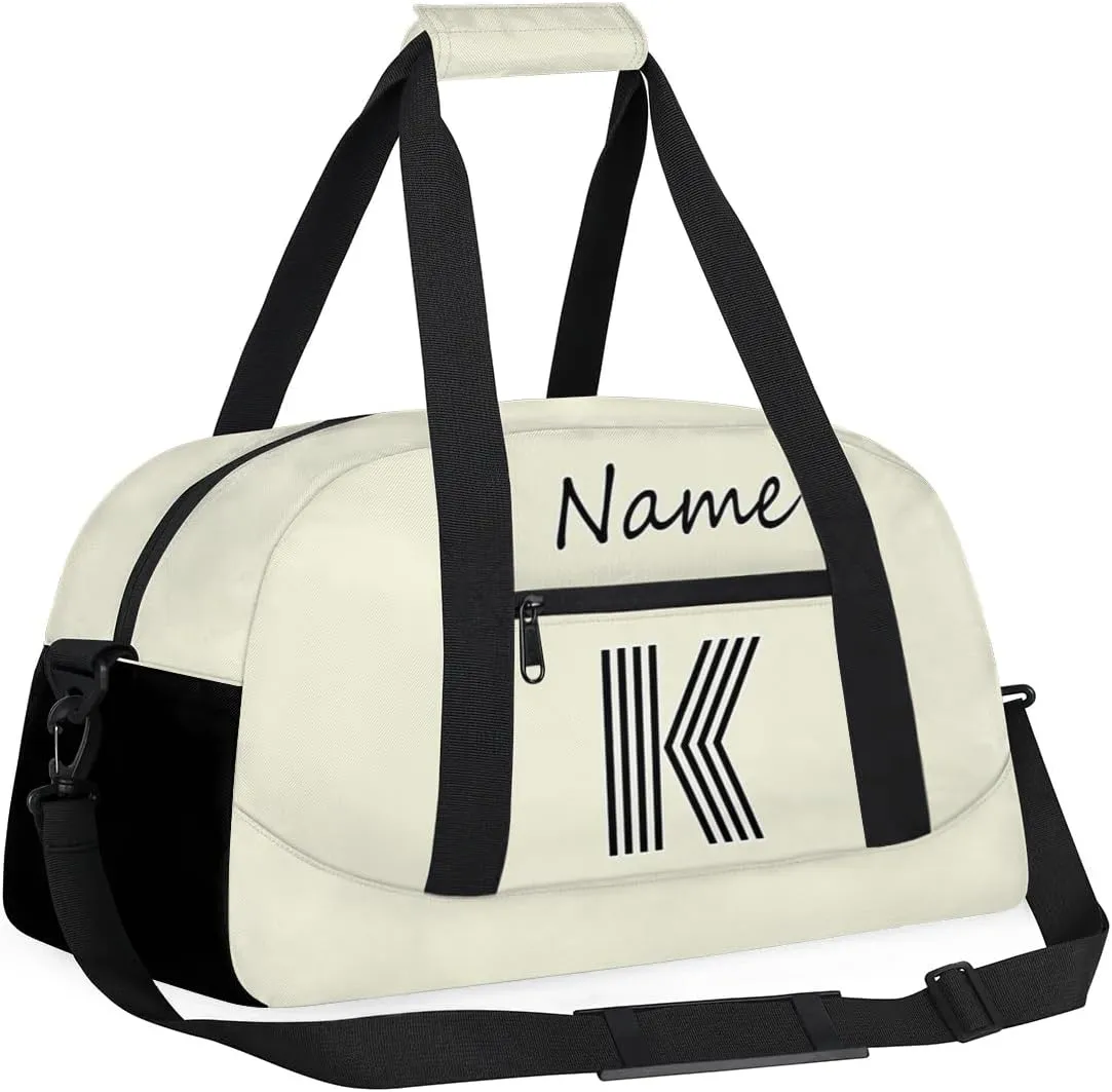 Custom Gym Bag for Women Men, Personalized Initial Duffel Bag with Name, Small Sports Gym Bag Travel Duffle Bag Weekender Carry On Overnight Bags Beige