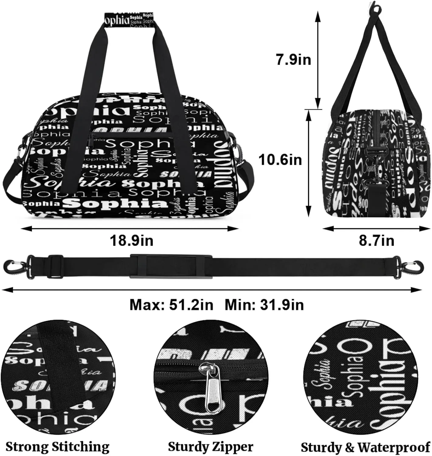 Custom Gym Duffel Bag for Women Men, Personalized Name Sport Bag Overnight Bags Customized Travel Weekender Bag, Black