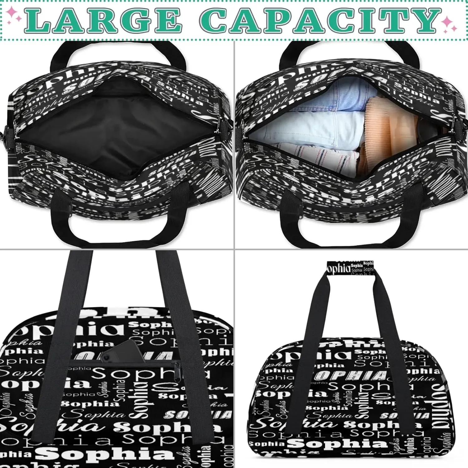 Custom Gym Duffel Bag for Women Men, Personalized Name Sport Bag Overnight Bags Customized Travel Weekender Bag, Black