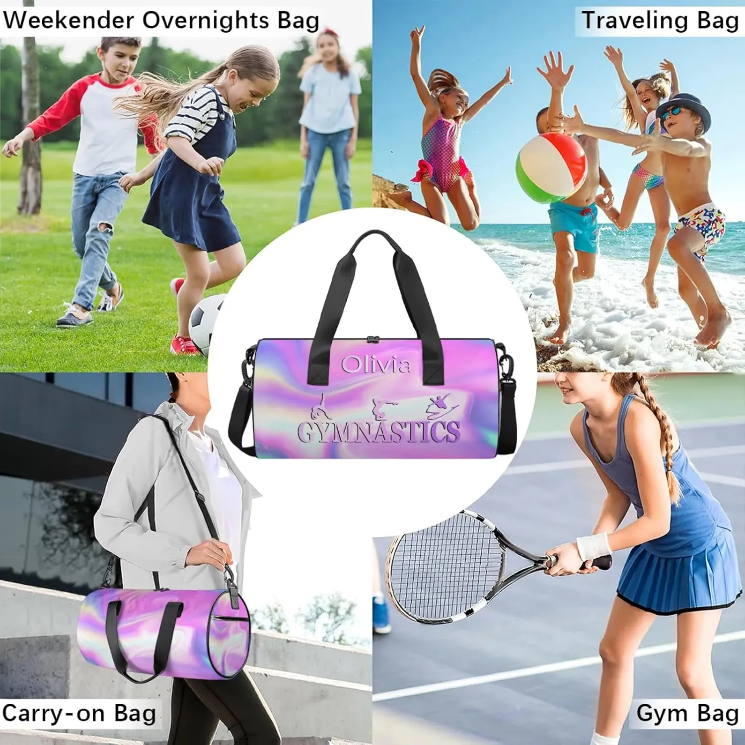 Custom Gymnastics Duffel Bag Round Personalized Name Dance Ballet Bags Waterproof