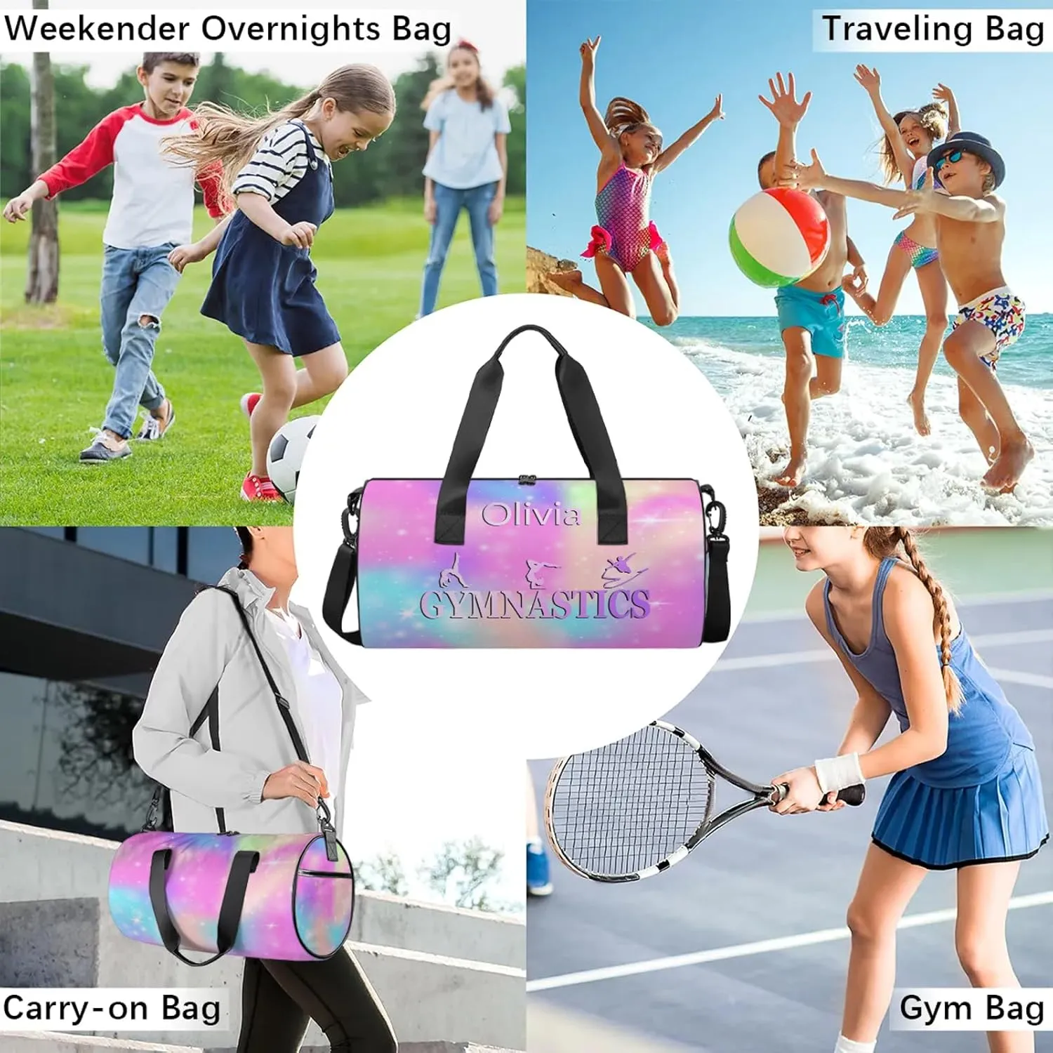 Custom Gymnastics Duffel Bag Round Personalized Name Dance Ballet Bags Waterproof