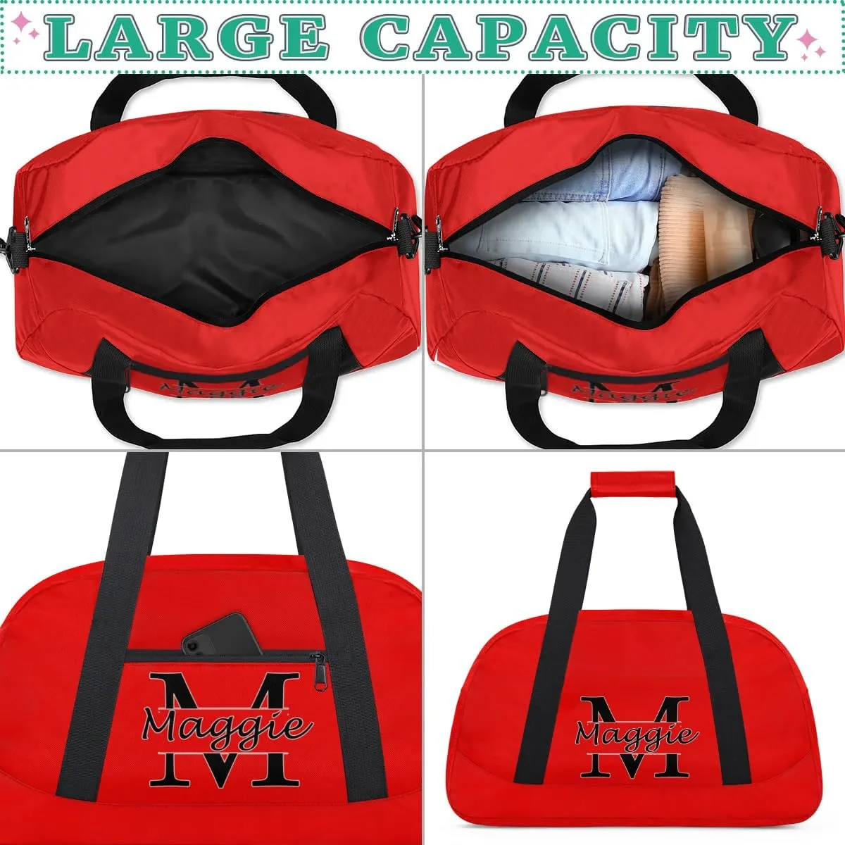 Custom Initial Sport Bag with Name, Personalized Gym Duffel Bags Personalized Gifts for Women Custom Travel Weekender Bag Monogrammed Custom Gifts, Coral Red A