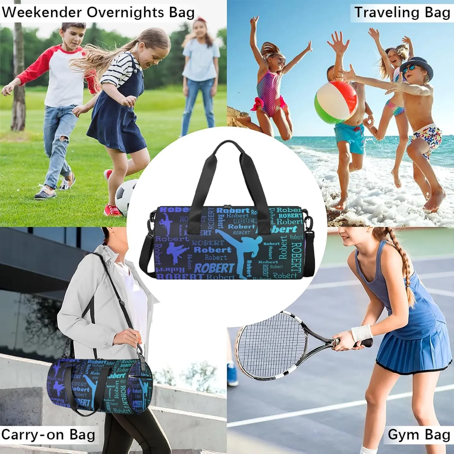 Custom Karate Sport Bags Personalized Sports Gym Bag with Name Overnight Weekender Duffel Bag Customized Gifts for Women Men, Multi Blue