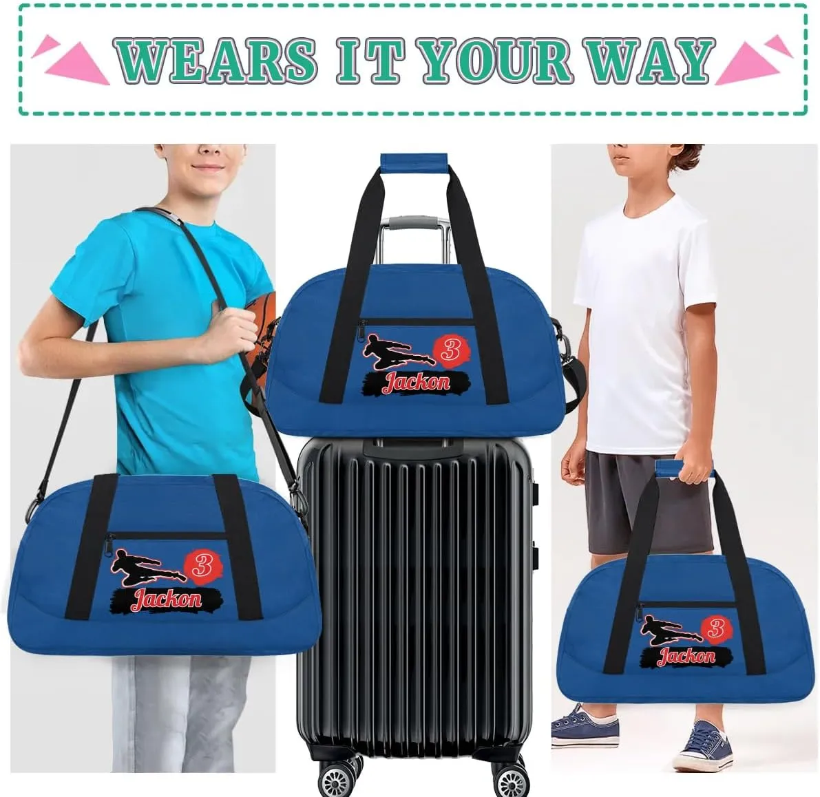 Custom Karate Sports Gym Bag for Girls Boys, Overnight Duffel Bags Cheerleader for Kids Personalized Dance Bag, Gymnastics Duffel Bag - Taekwondo