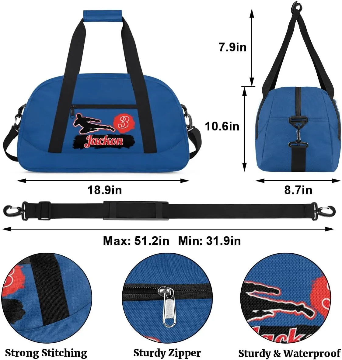 Custom Karate Sports Gym Bag for Girls Boys, Overnight Duffel Bags Cheerleader for Kids Personalized Dance Bag, Gymnastics Duffel Bag - Taekwondo