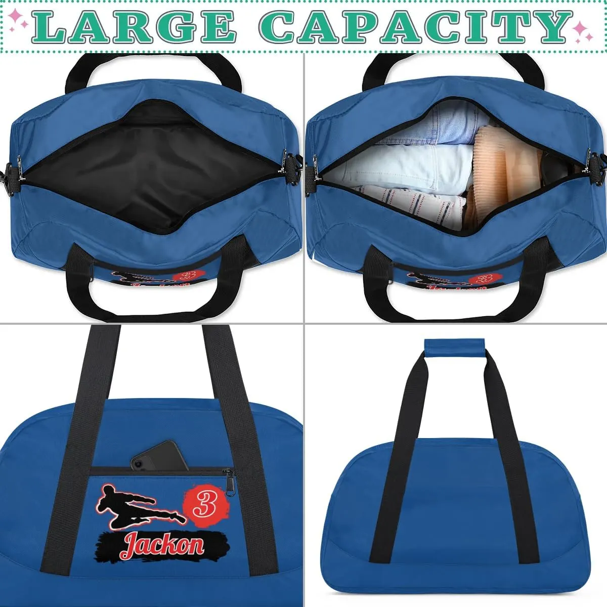 Custom Karate Sports Gym Bag for Girls Boys, Overnight Duffel Bags Cheerleader for Kids Personalized Dance Bag, Gymnastics Duffel Bag - Taekwondo