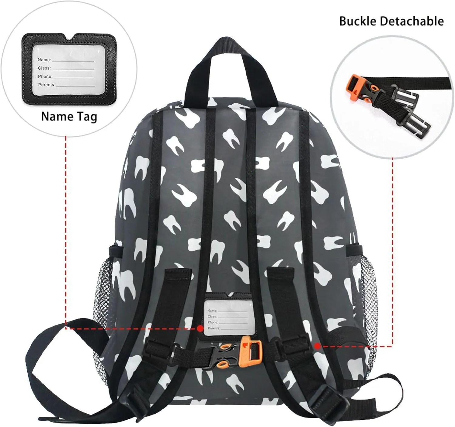 Custom Kid's Name Toddler Backpack for Boys Girls Teeth Dental Black Personalized Daycare Preschool Kindergarten Bookbag S