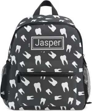 Custom Kid's Name Toddler Backpack for Boys Girls Teeth Dental Black Personalized Daycare Preschool Kindergarten Bookbag S