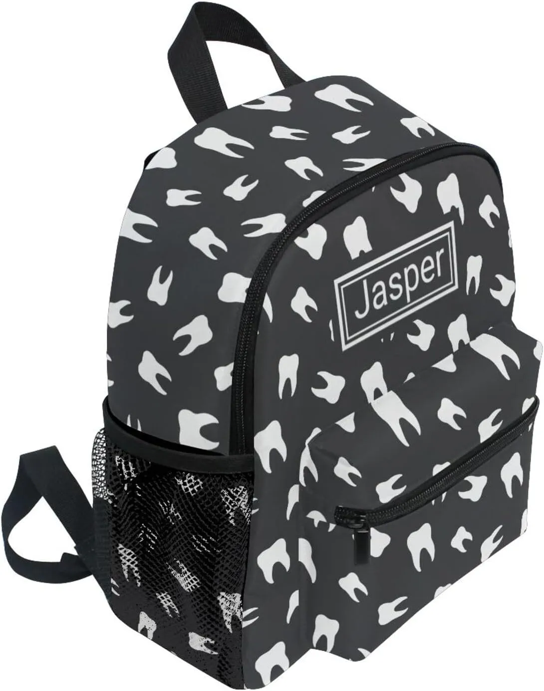 Custom Kid's Name Toddler Backpack for Boys Girls Teeth Dental Black Personalized Daycare Preschool Kindergarten Bookbag S