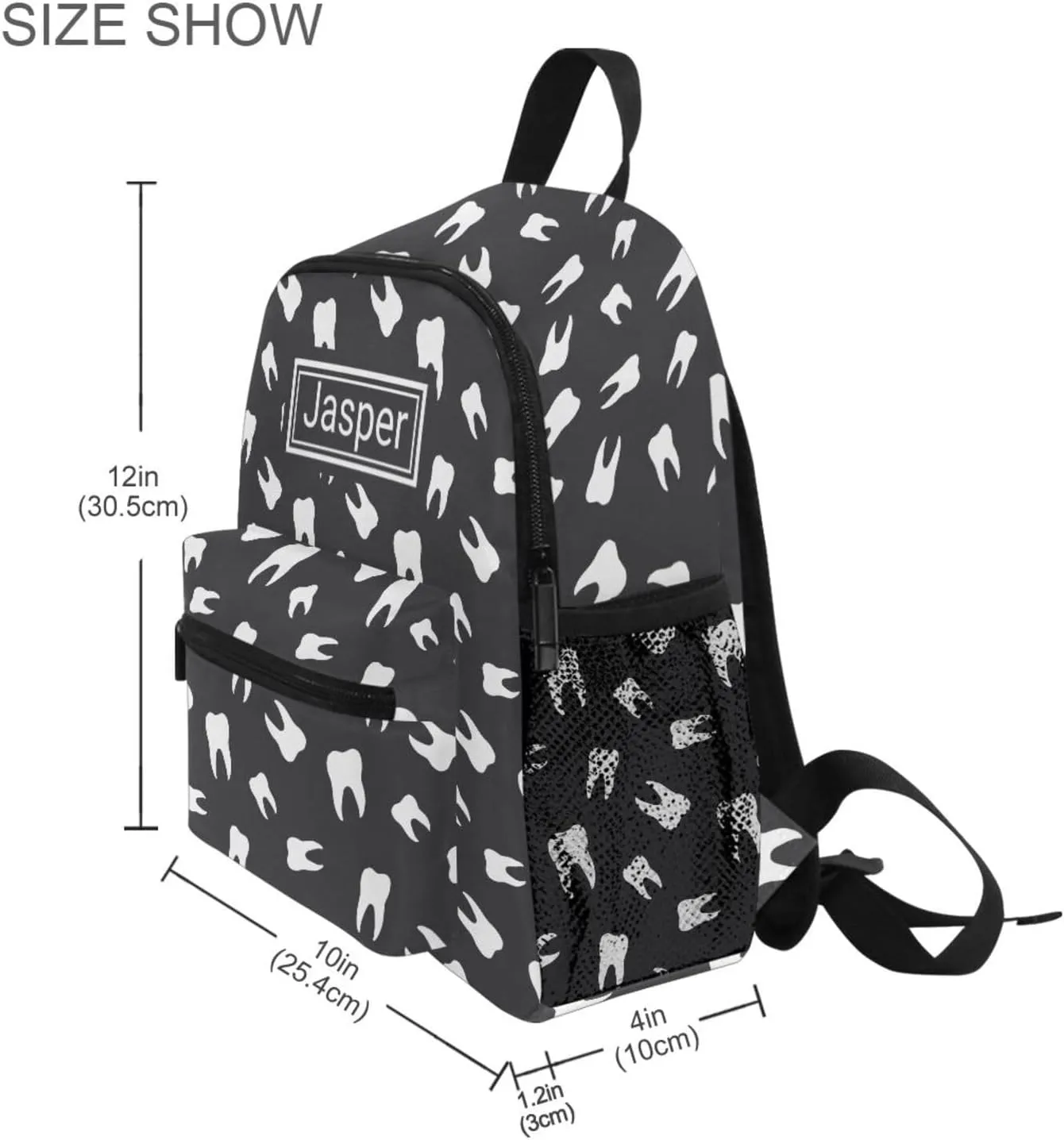 Custom Kid's Name Toddler Backpack for Boys Girls Teeth Dental Black Personalized Daycare Preschool Kindergarten Bookbag S