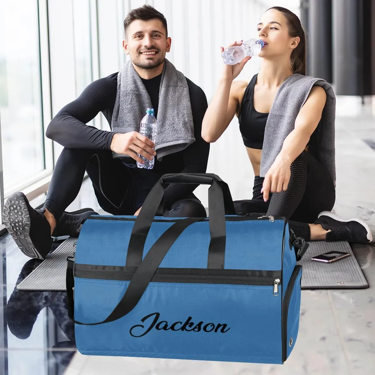 Custom Large Duffel Bags for Men Women Overnight Bags Adults Gym Duffel Bag for Training Soccer Swim Yoga Travel Blue Luggage Bag